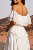 Off-the-shoulder ivoor A-lijn rucherige boho trouwjurk