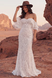 Off-the-shoulder ivoorkant zeemeermin boho trouwjurk