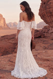 Off-the-shoulder ivoorkant zeemeermin boho trouwjurk