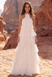 Halter met ruches Ivoor A Line Boho trouwjurk