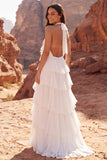 Halter met ruches Ivoor A Line Boho trouwjurk