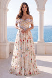 Off-the-shoulder ivoorkleurige bloemenkorset A-lijn trouwjurk