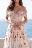 Off-the-shoulder ivoorkleurige bloemenkorset A-lijn trouwjurk
