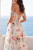 Off-the-shoulder ivoorkleurige bloemenkorset A-lijn trouwjurk