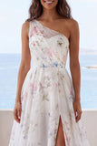 Off-the-shoulder ivoorkleurige bloemen A-lijn rucherige trouwjurk