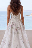 Off-the-shoulder ivoorkleurige bloemen A-lijn rucherige trouwjurk