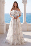 Off-the-shoulder ivoorkleurige bloemen A-lijn rucherige trouwjurk