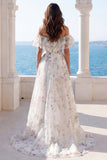 Off-the-shoulder ivoorkleurige bloemen A-lijn rucherige trouwjurk