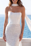 Ivoor strapless pailletten zeemeermin korset trouwjurk met sjaal