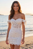 Korte ivoorkleurige off-the-shoulder bloemenkorset Boho trouwjurk met strikken
