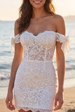Korte ivoorkleurige off-the-shoulder bloemenkorset Boho trouwjurk met strikken