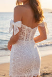 Korte ivoorkleurige off-the-shoulder bloemenkorset Boho trouwjurk met strikken