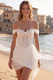 Off-the-shoulder gerimpelde ivoorkleurige korset korte trouwjurk met ruches