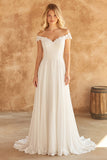 Off-the-shoulder ivoorkant A-lijn chiffon trouwjurk