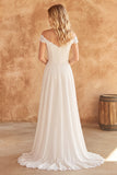 Off-the-shoulder ivoorkant A-lijn chiffon trouwjurk