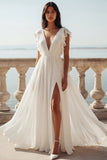 Ivoorkleurige V-hals Chiffon trouwjurk met ruches en split