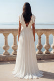 Ivoorkleurige V-hals Chiffon trouwjurk met ruches en split