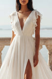 Ivoorkleurige V-hals Chiffon trouwjurk met ruches en split