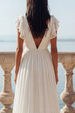 Ivoorkleurige V-hals Chiffon trouwjurk met ruches en split