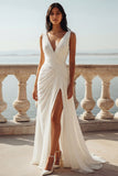 Ivoorkleurige V-hals Chiffon gerimpelde sleep-treintrouwjurk