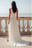 Ivoorkleurige V-hals Chiffon gerimpelde sleep-treintrouwjurk
