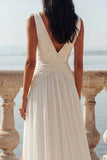 Ivoorkleurige V-hals Chiffon gerimpelde sleep-treintrouwjurk