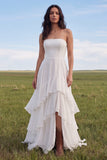 Strapless Ivory A Line Boho trouwjurk met ruches en split