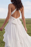 Halter Ivory A Line Chiffon Boho trouwjurk