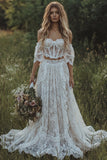 Kanten Off The Shoulder Ivoor Korset Boho Trouwjurk