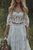 Kanten Off The Shoulder Ivoor Korset Boho Trouwjurk