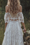 Kanten Off The Shoulder Ivoor Korset Boho Trouwjurk