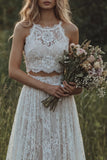 Kanten Ivoor Ruffled A Line 2-delige Boho trouwjurk