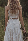 Kanten Ivoor Ruffled A Line 2-delige Boho trouwjurk