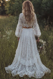 Kanten ivoor V-hals A Line lange mouw boho trouwjurk met ruches