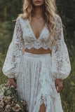 Kanten ivoor V-hals A Line lange mouw boho trouwjurk met ruches