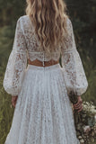 Kanten ivoor V-hals A Line lange mouw boho trouwjurk met ruches