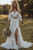 Off the Shoulder Kant Ivoor A-lijn Met ruches in 2-delige Boho trouwjurk