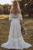 Off the Shoulder Kant Ivoor A-lijn Met ruches in 2-delige Boho trouwjurk