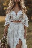Off the Shoulder Kant Ivoor A-lijn Met ruches in 2-delige Boho trouwjurk