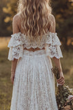 Off the Shoulder Kant Ivoor A-lijn Met ruches in 2-delige Boho trouwjurk