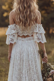 Off the Shoulder Kant Ivoor A-lijn Met ruches in 2-delige Boho trouwjurk