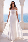 Off-the-shoulder meermin ivoren trouwjurk met sjerp