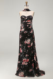 Zwarte Zeemeermin Sweetheart Bloemen Gerimpelde Chiffon Lange formele jurk met split
