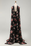 Zwarte Zeemeermin Sweetheart Bloemen Gerimpelde Chiffon Lange formele jurk met split