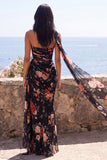 Zwarte Zeemeermin Sweetheart Bloemen Gerimpelde Chiffon Lange formele jurk met split