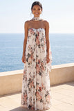 A-lijn Sweetheart Ivory Chiffon geplooide Maxi Bloemenjurk met halsdoek