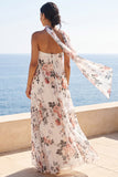 A-lijn Sweetheart Ivory Chiffon geplooide Maxi Bloemenjurk met halsdoek