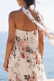 A-lijn Sweetheart Ivory Chiffon geplooide Maxi Bloemenjurk met halsdoek