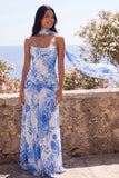 Blue Flower A-lijn strapless chiffon maxijurk met halssjaal