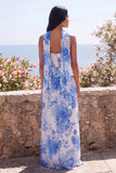 Blue Flower A-lijn strapless chiffon maxijurk met halssjaal